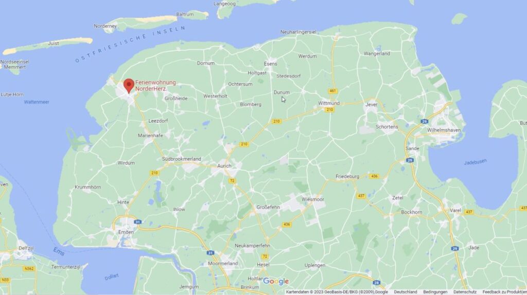 Karte von Ostfriesland mit Google Pin der Ferienwohnung NorderHerz